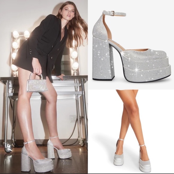 Steve Madden Shoes - Steve Madden Charlize Platform Silver Rhinestone Chunky Heels Worn once